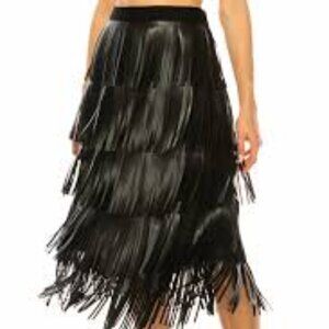 DS12204S3 Black Leather Like Fringe Skirt with Back Zipper by DORCAS